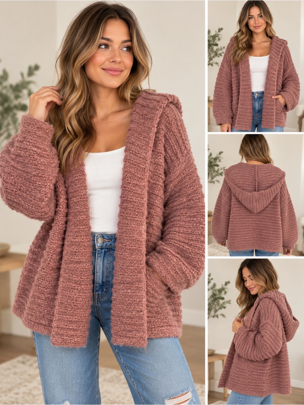 Wild Fable Women’s Small Fuzzy Hooded Cardigan Mauve Purple Open Front Cozy Knit